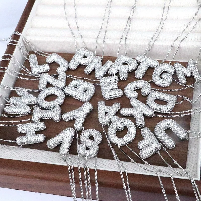 NEW A-Z Alphabet Pendant Cubic Zirconia Bubble Chunky Initial Letter Necklace for Women Stainless Steel Jewelry Birthday Gifts