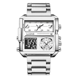 Luxury Gold Steel Sports Square Digital Analog Men's Quartz Watch (Silver white S)