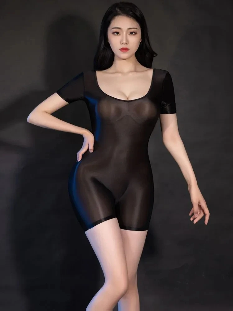 

Short Sleeve Low Cut Shiny Playsuits Catsuit Tights Backless Seamless Crotch Bodysuit Transparent Hot Sexy Swimsuit Body Teddies