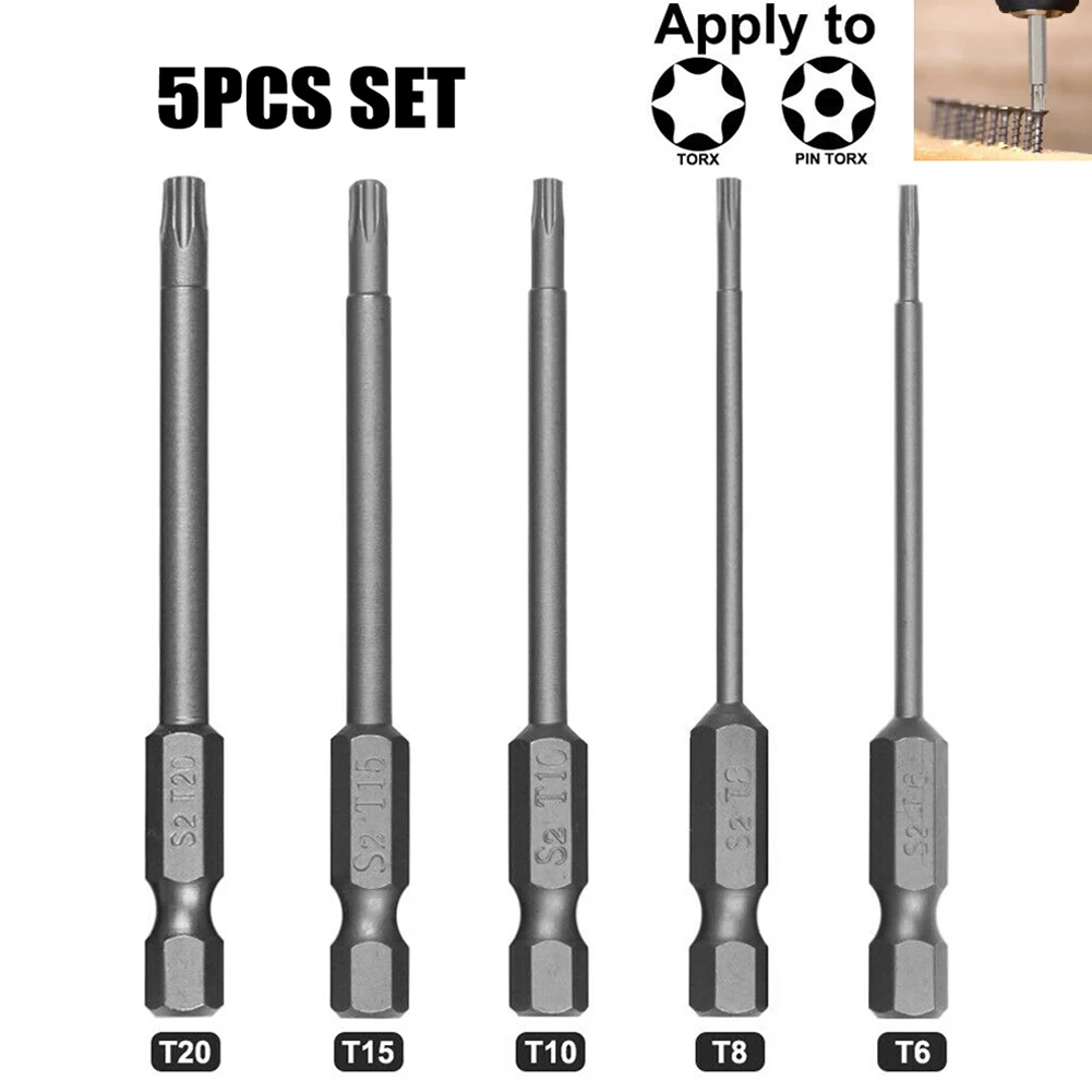 

5pcs T6-T20 75mm Torx Screwdriver Bit Set Alloy Steel Magnetic Screwdriver Hex Shank For Electric Drill Air Drills Hand Tool Kit