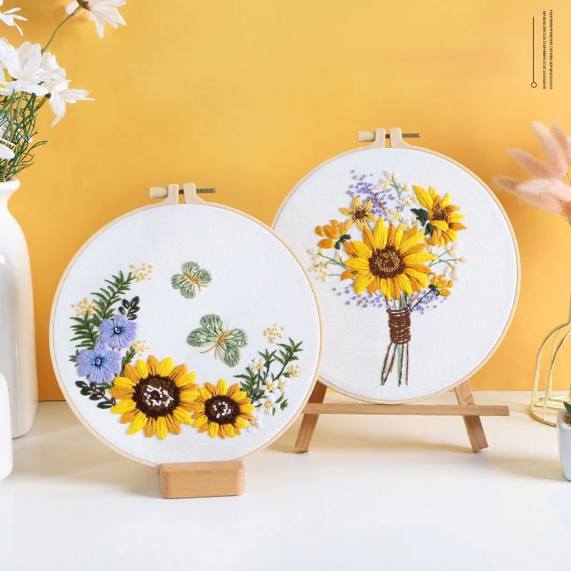 Embroidery Kit for Beginners Adults with Pattern Stamped Color Threads-Sunflower