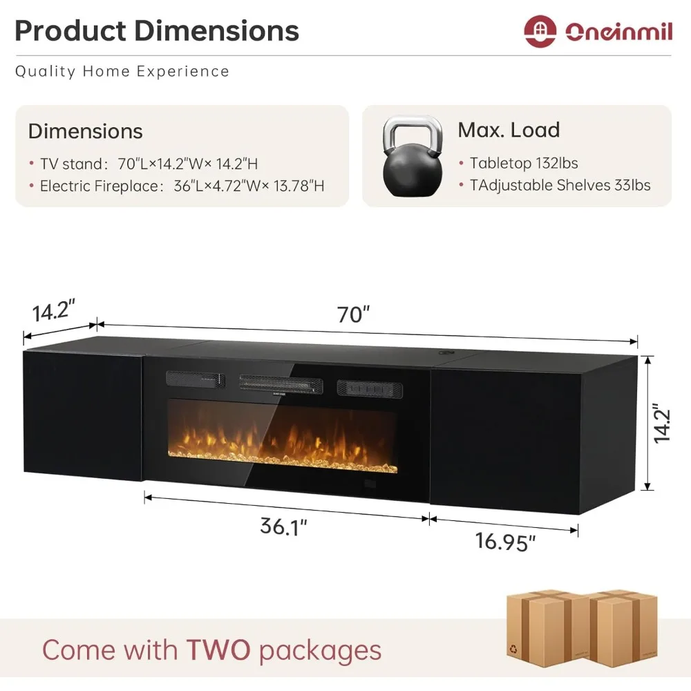 70" Floating Fireplace TV Stand, Wall Mounted Entertainment Center with 36" Electric Fireplace, Modern LED Light TV Console, Fl 2
