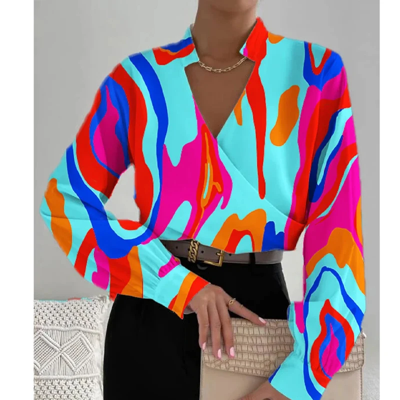 2023 Spring Autumn New Printing Fashion V-neck Long Sleeve Blouse Women Casual Loose Button Vintage Patchwork All-match Shirt