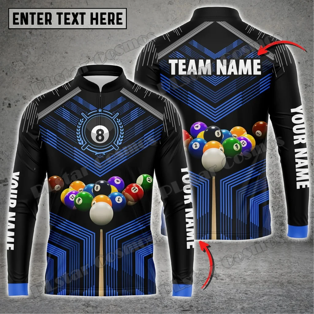 Billard Ball Skull Personalisierter Name 3D-gedrucktes Herren-Poloshirt mit langen Ärmeln und Reißverschluss, Herbst, Unisex, lässiges Poloshirt mit Reißverschluss WK133 – Detail 12