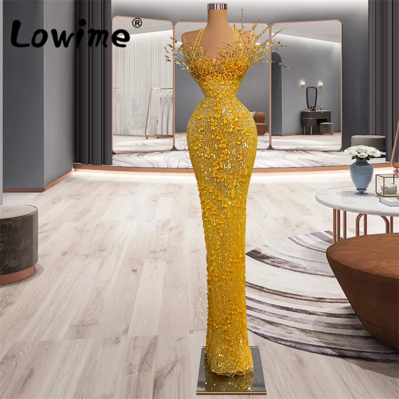 

Halter Crystals Party Dresses Gold Evening Dress For Women 2023 Mermaid Beading Long Prom Gowns Custom Made Vestidos De Festa