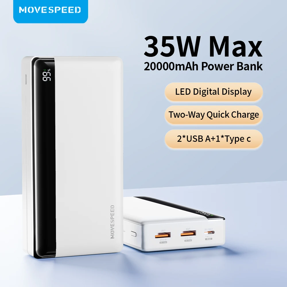 

MOVESPEED K20 Power Bank 20000mAh 35W Type C Fast Charging PD3.0 QC PPS External Battery for iPhone15Pro Samusng S23 Xiaomi 14