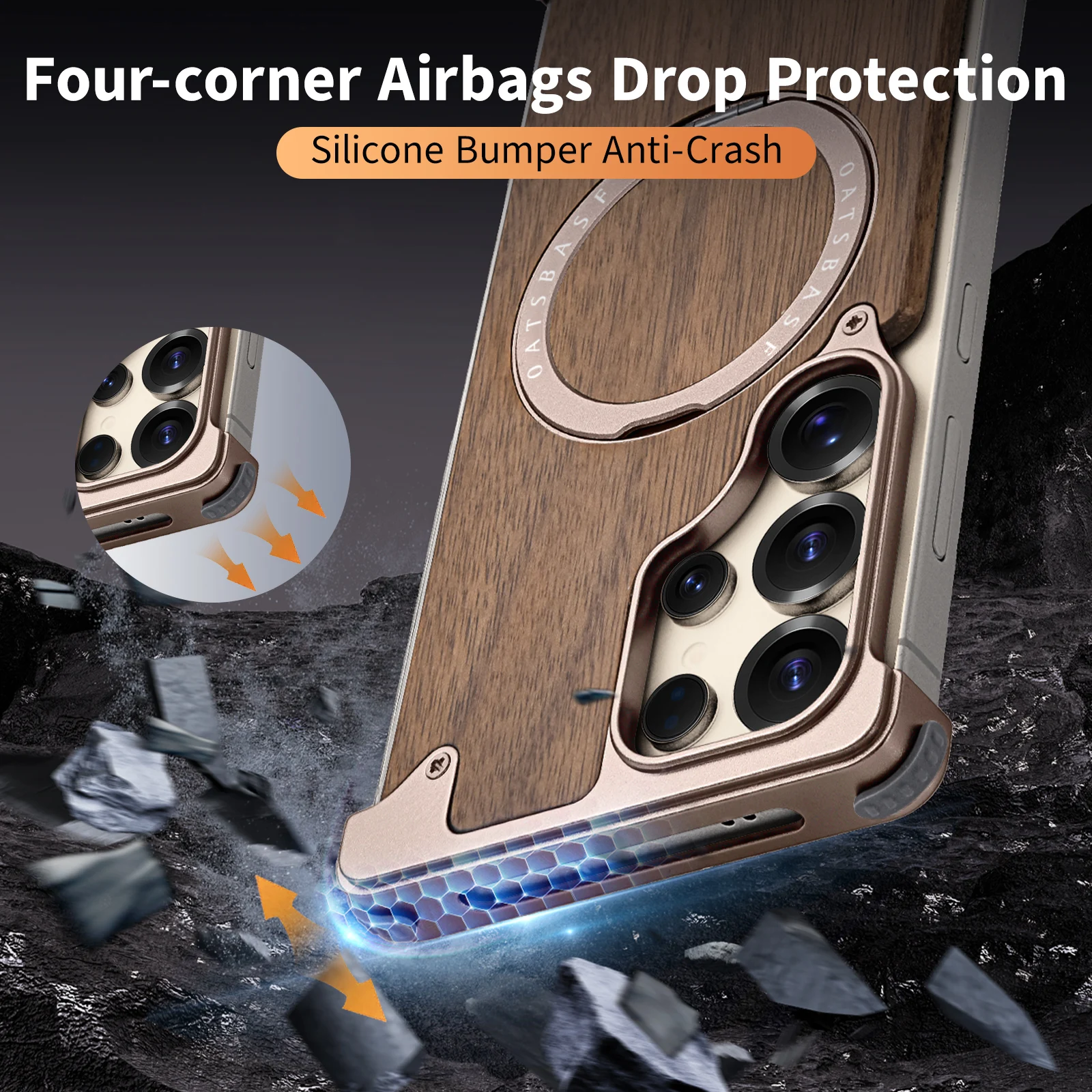 Eary Wood Phone Case for Samsung Galaxy S25 S24 Ultra Magnetic with Stand 360° Rotate Magsafe Bumper Frameless Protective Cover