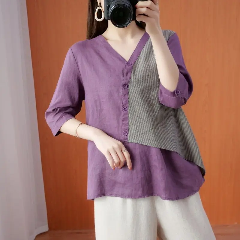 Design Casual V-neck Splicing Vintage Pullovers for Women 2023 New Loose Fashion Chic Korean Top T-Shirt Elegant Fashion