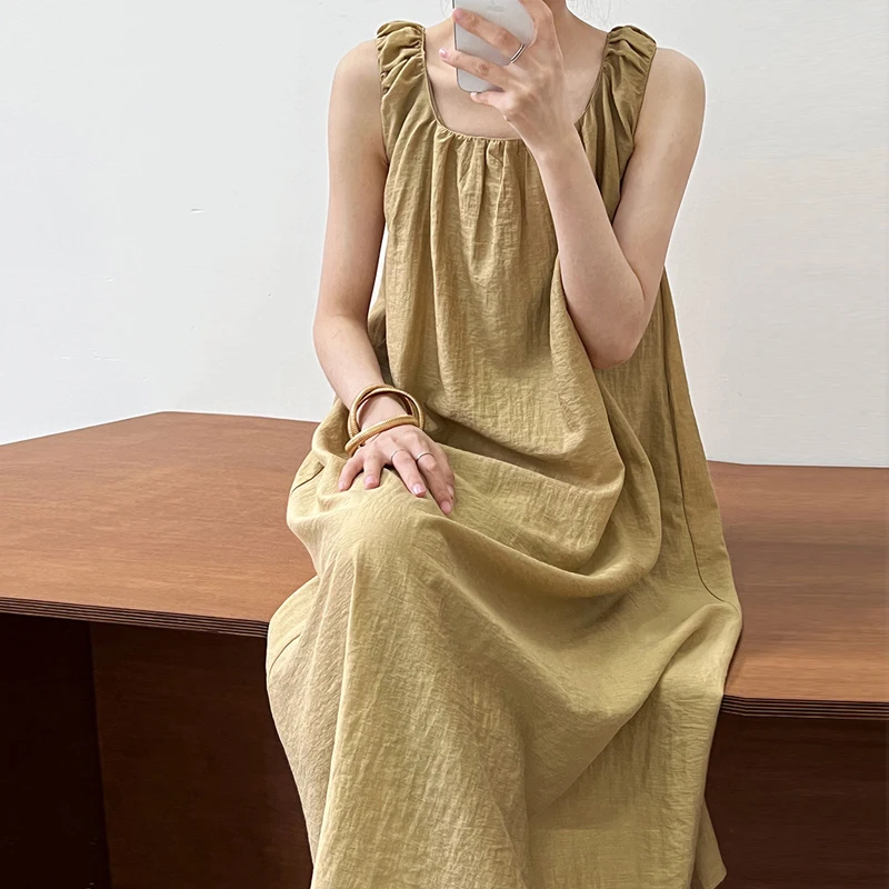 

Johnature New Cotton Linen Breathable Slouchy French Square Neck Slip Dresses Korean Sleeveless Strap Dress Women 2023 Summer