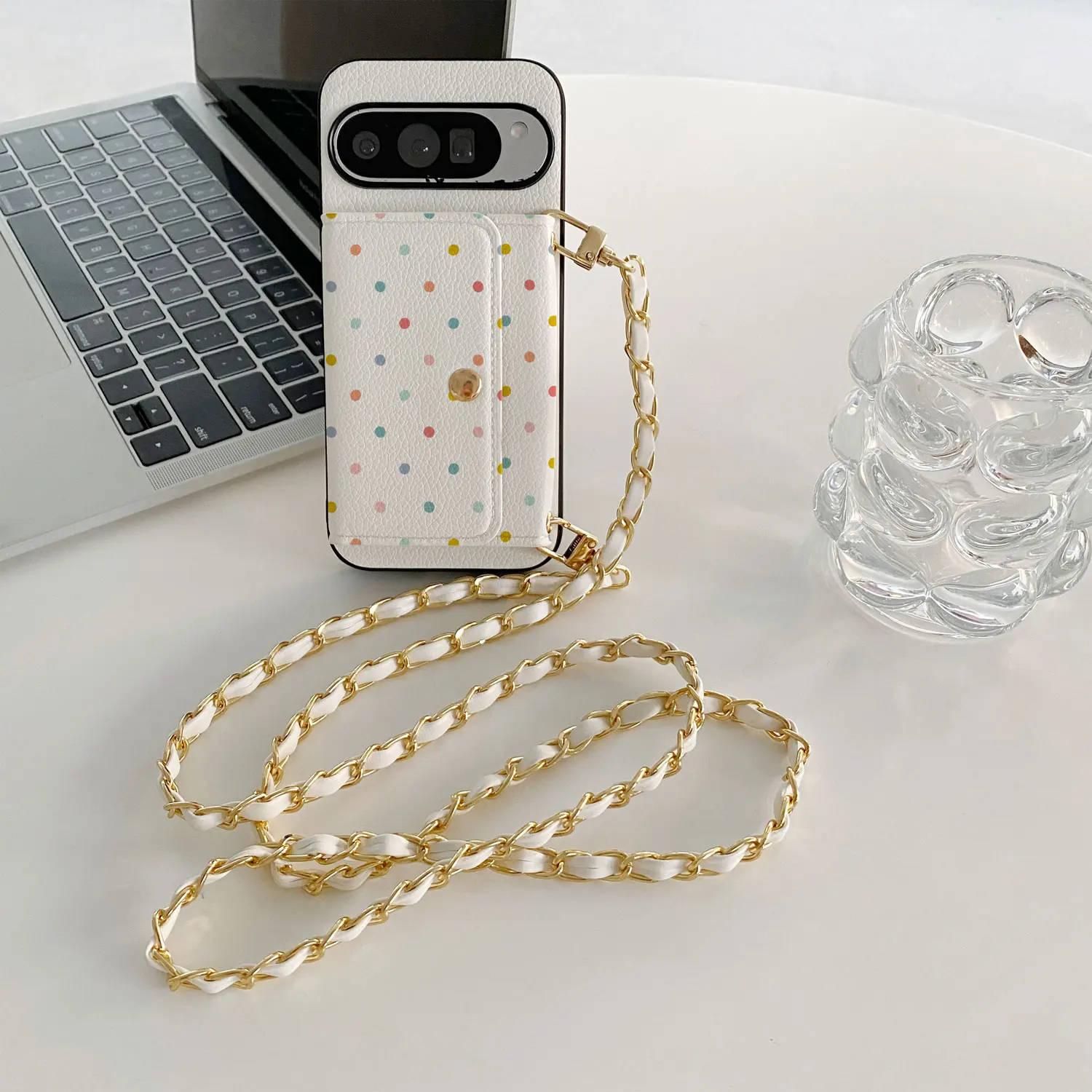 Polka Dot Lychee PU Leather Phone Card Holder Lanyard Case