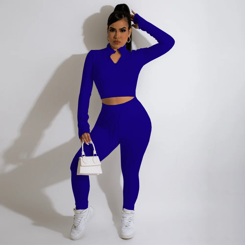 Women'S Fashion Casual Solid Color V-Neck Zipper Lace-Up Slim Long-Sleeved Trousers Sports Two-Piece Set Jogging Suit