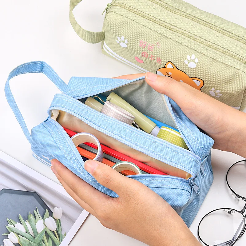 

Cute Shiba Inu Large Capacity Double Layer Oxford Fabric Korean Pencil Bag Kawaii Pouch Stationery Organizer Fountain Pen Case