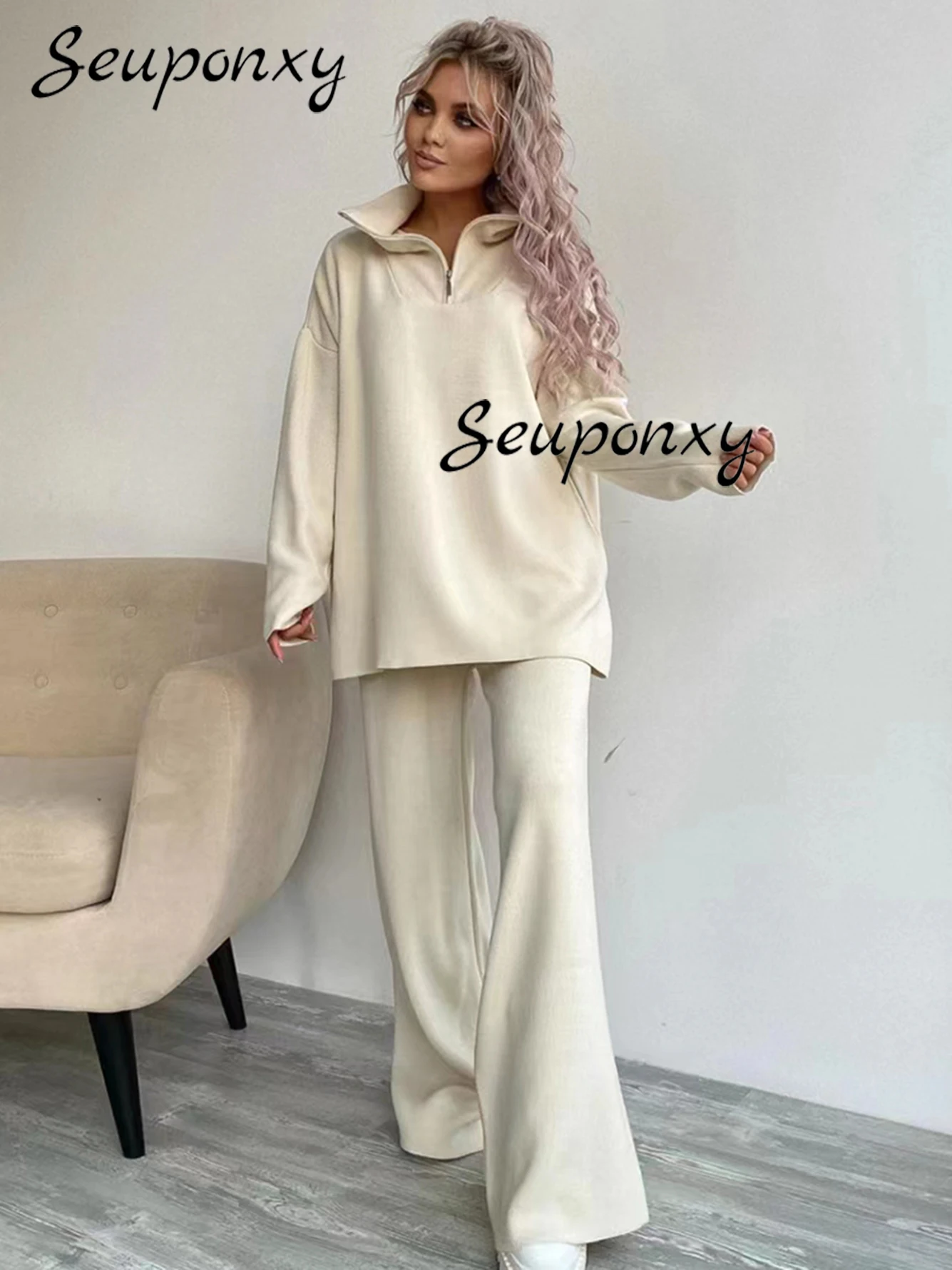 

High Quality Women's Fashion Loose Knit Sports 2 Two Piece Set 2022 Autumn Sexy Zipper Pullover + Wide Leg Pants Casual Set