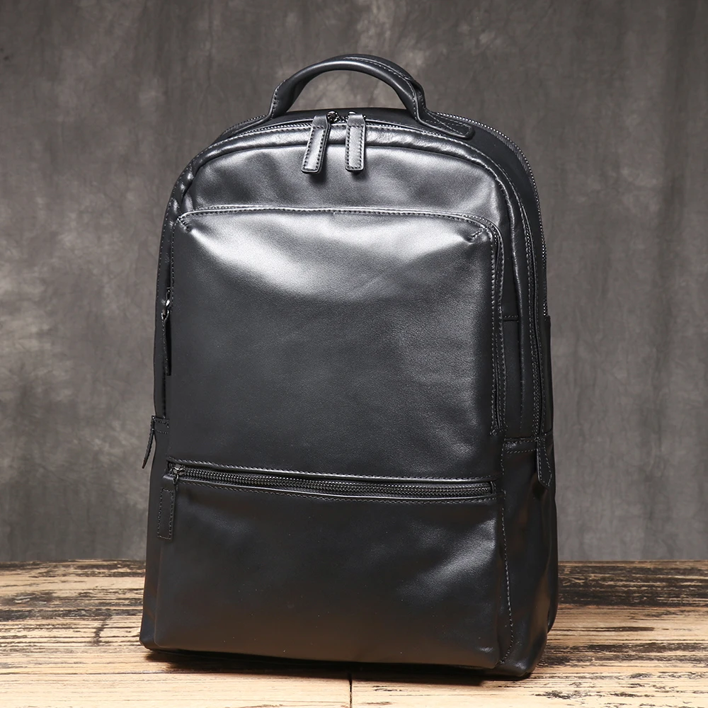 New Genuine Leather Black Backpack, High-Quality First-Layer Cowhide, Large-Capacity Laptop Bag That Fits a15.6-Inch Computer. 2