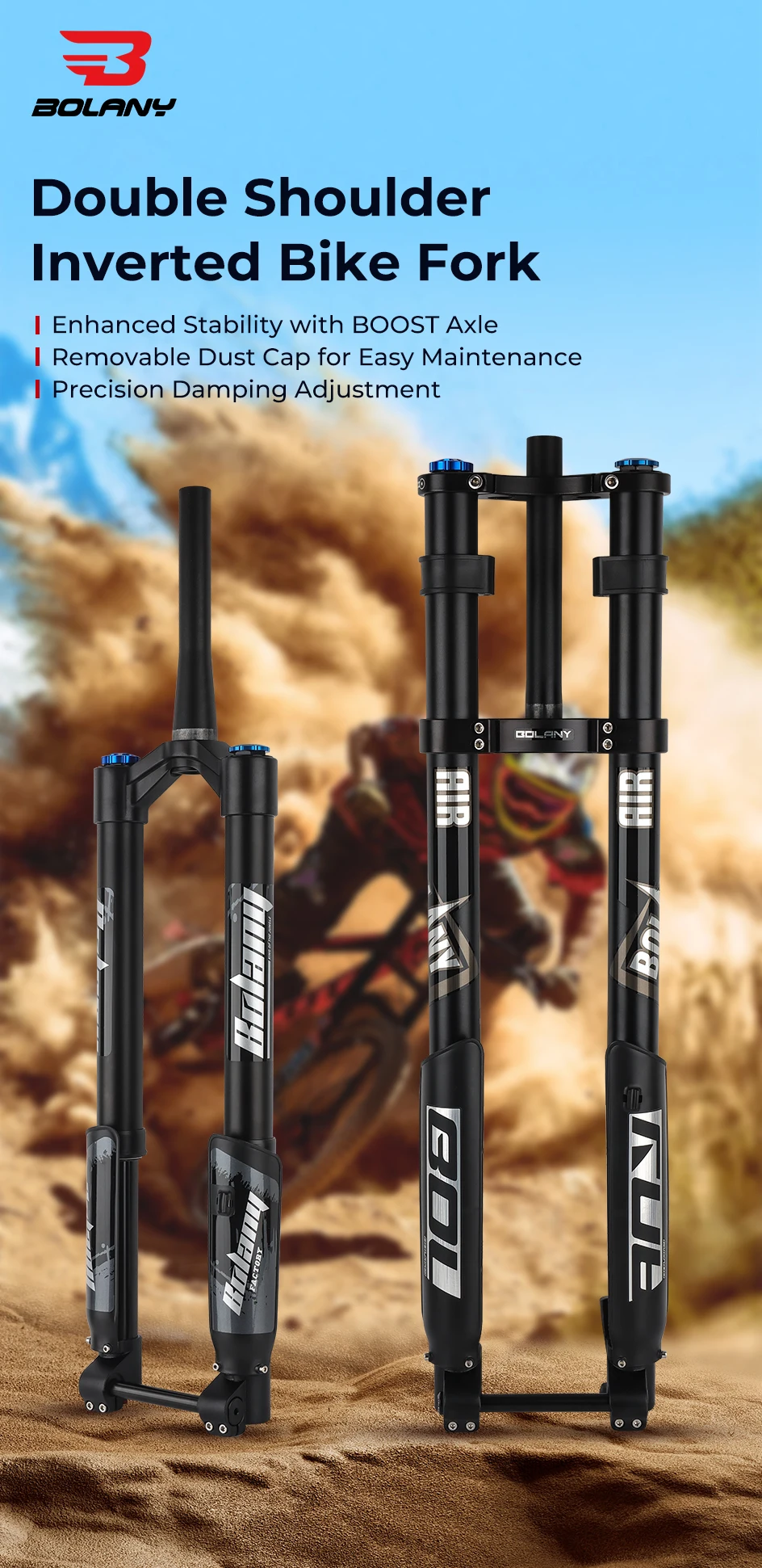 Description Picture 3 of itemBOLANY Downhill MTB Electric Bike Motorcycle Dual Crown Inverted Air Fork Shock Absorber 15*110mm Boost Fork 26/27.5/29inch