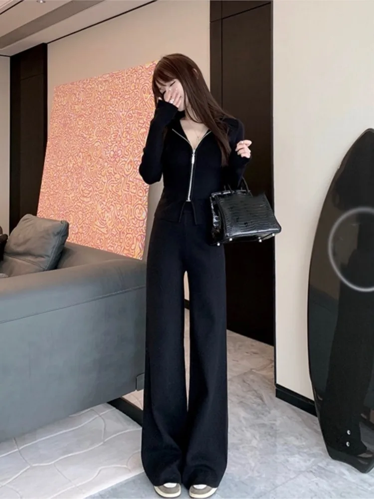 Women Fashion Slim Knitted Tracksuits 2 Piece Set Autumn Winter Casual Hooded Zip-up Short Coat Trousers Outfits Femme Clothing 3