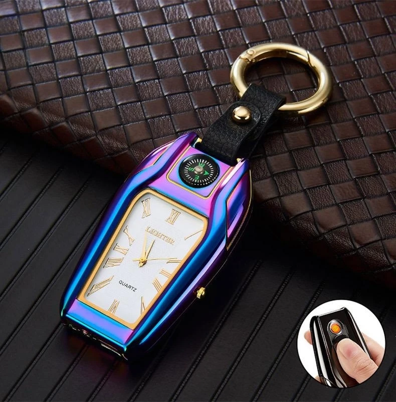 

Metal Windproof Flameless USB Rechargeable Tungsten Cigarette Lighter Multifunctional Car Keychain Compass LED Lighting Lighter