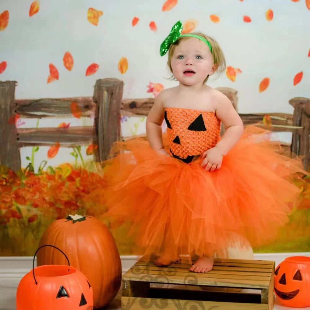 Green Orange Pumpkin Baby Girls Tutu Dress with Hairclip Kids