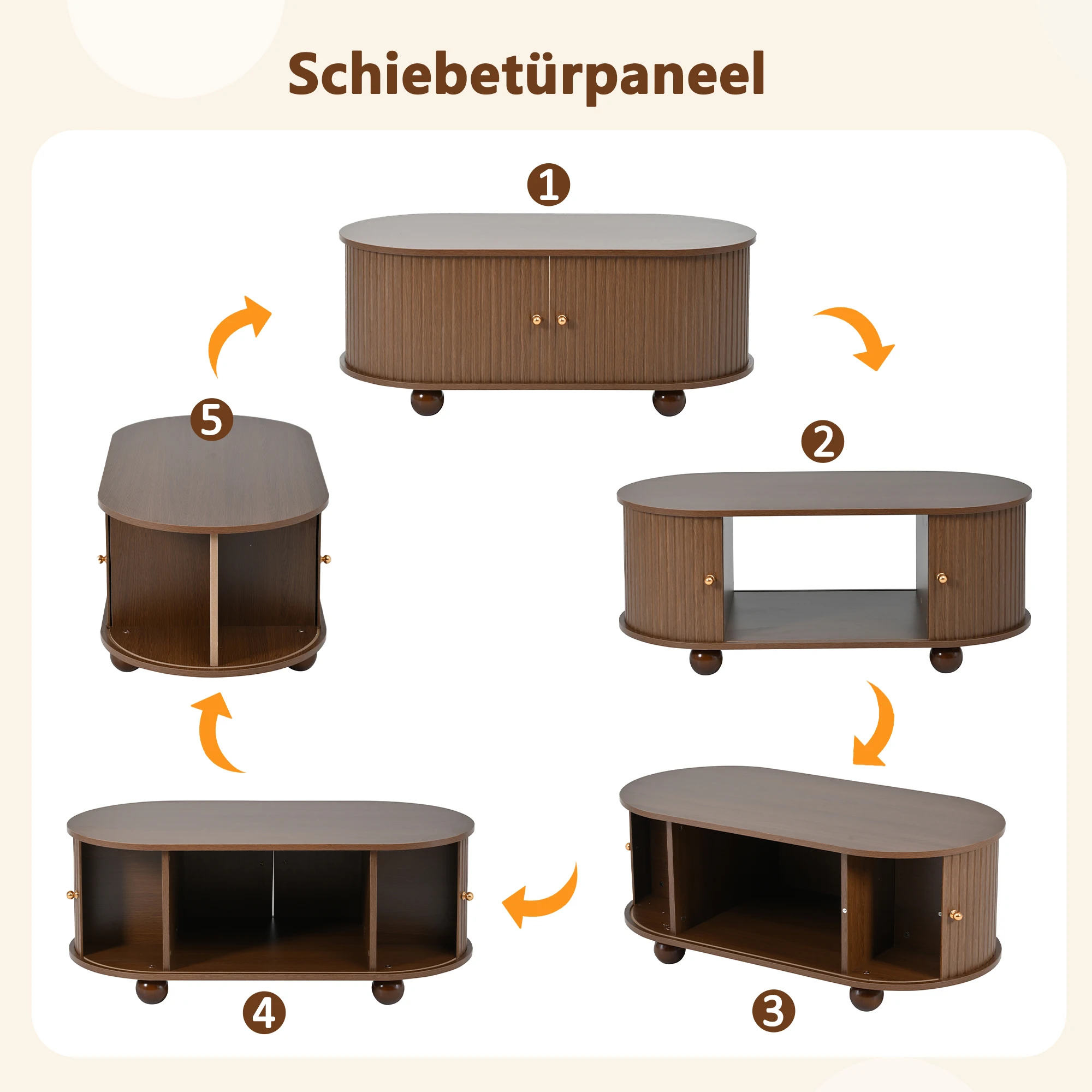 KOMHTOM Nussbaum-Couchtisch 100x50x40 cm - mit Stauraum und 360-Grad-Schiebetüren, mit 4 Beinen – Detail 4