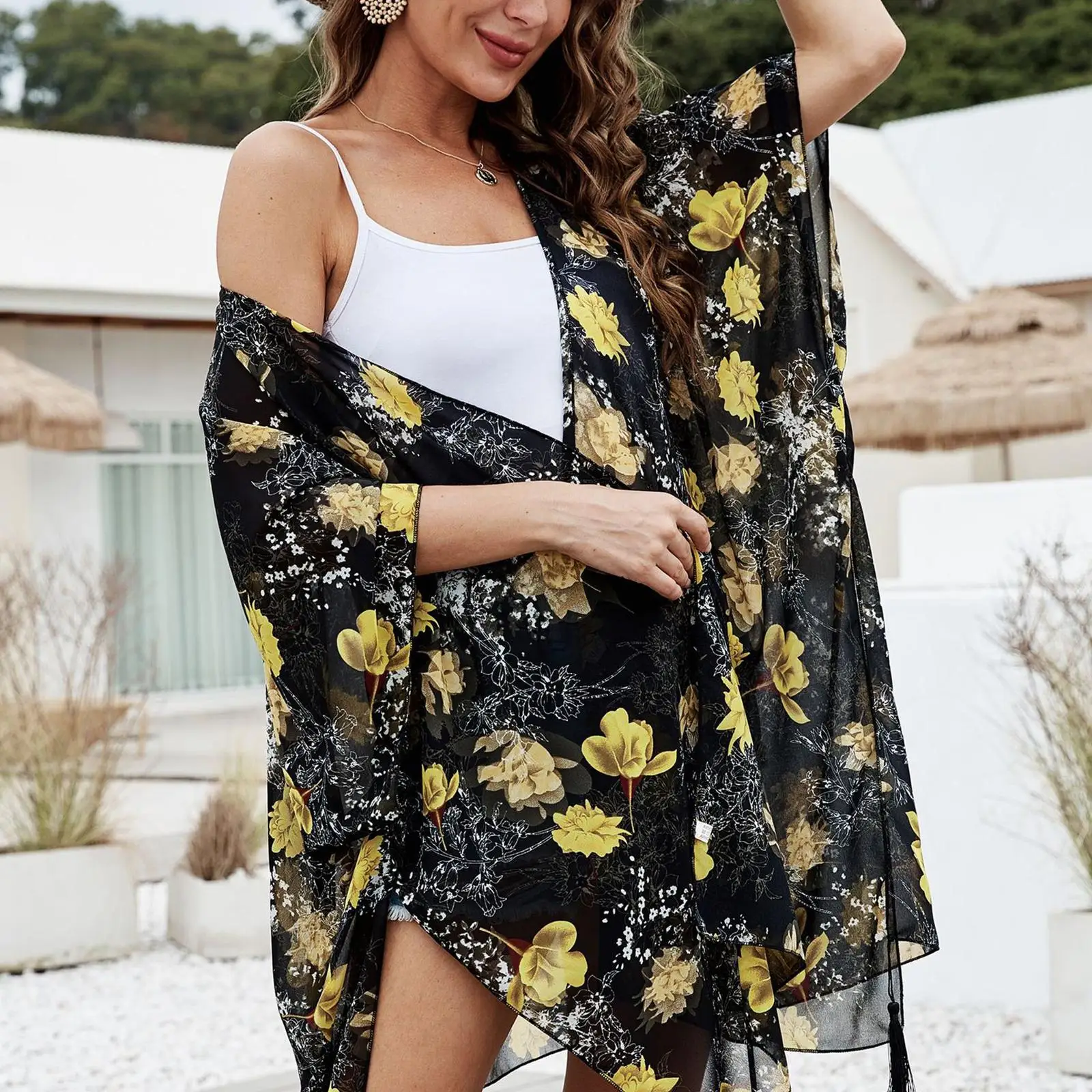 Print Kimono Cardigan V Neck Loose 