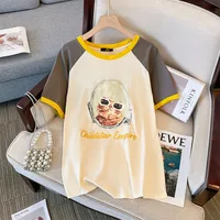 150Kg Plus Size Women's Bust 153 Summer Loose Cat Contrast T-shirt Short Sleeve Top Apricot 5XL 6XL 7XL 8XL 9XL