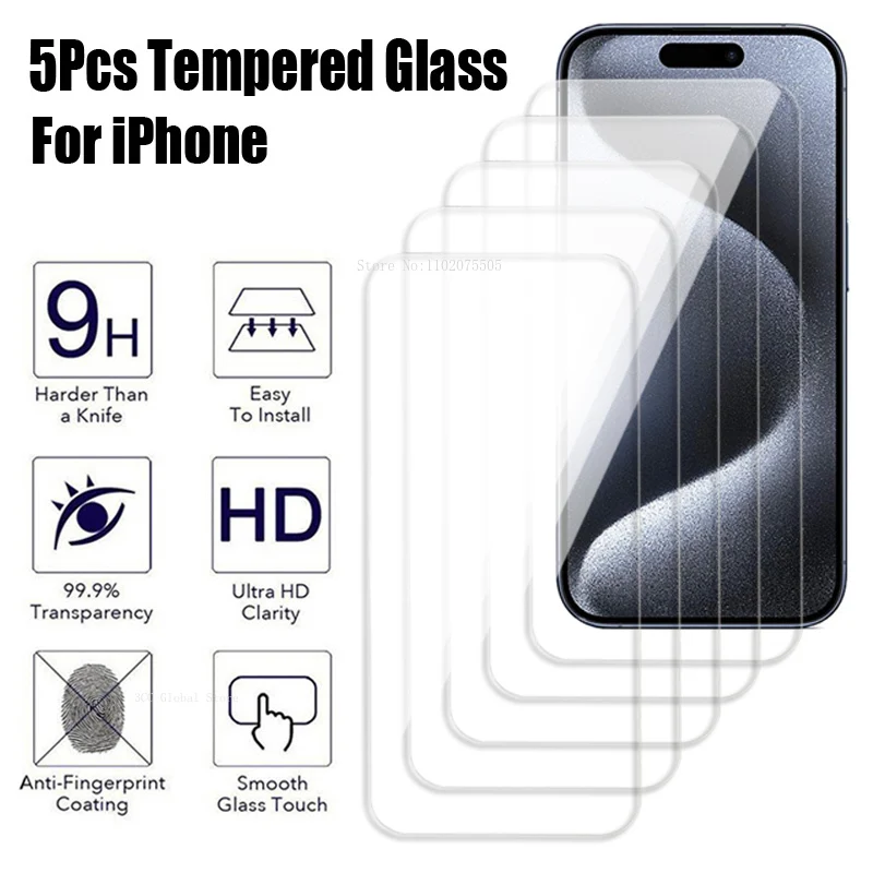 

Защитное стекло для iPhone, закаленное стекло для iPhone 14, 15 Pro, 7, 8 Plus, XR, 13, 12, 11 Pro, XS, 5 шт.