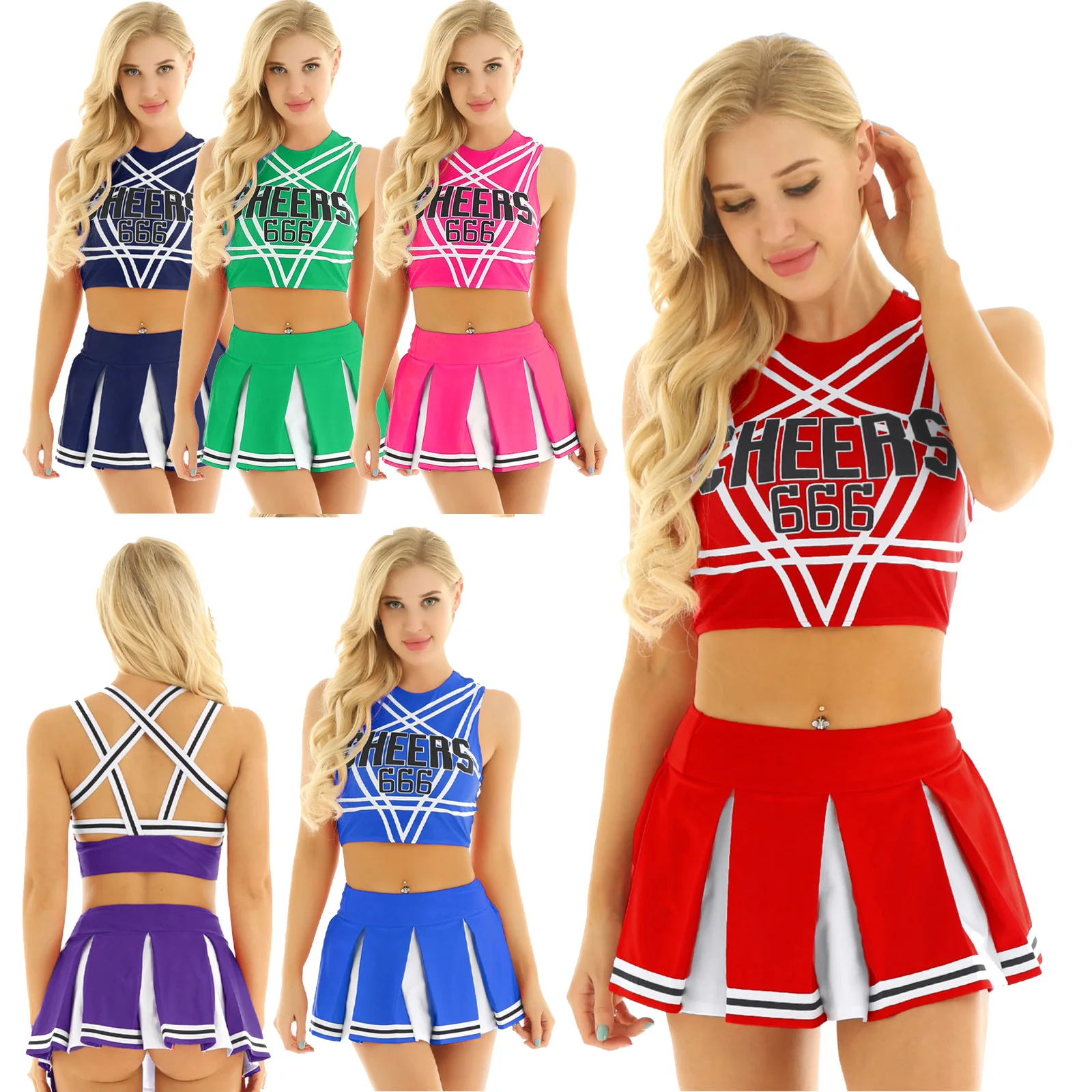 Description Picture 2 of item2Pcs Women Cheerleading Uniforms Cheers 666 Printed Sleeveless Crop Top Mini Pleated Skirt Set  Adults Cheerleading Costume