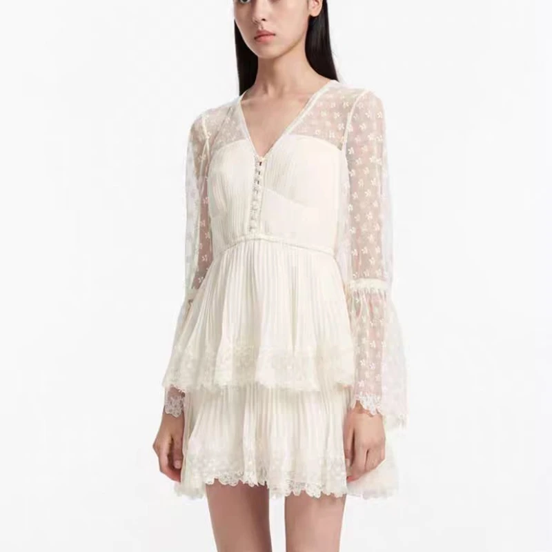 

2024 Women Spring and Summer New Ivory White Lace Pleated V-neck Dress