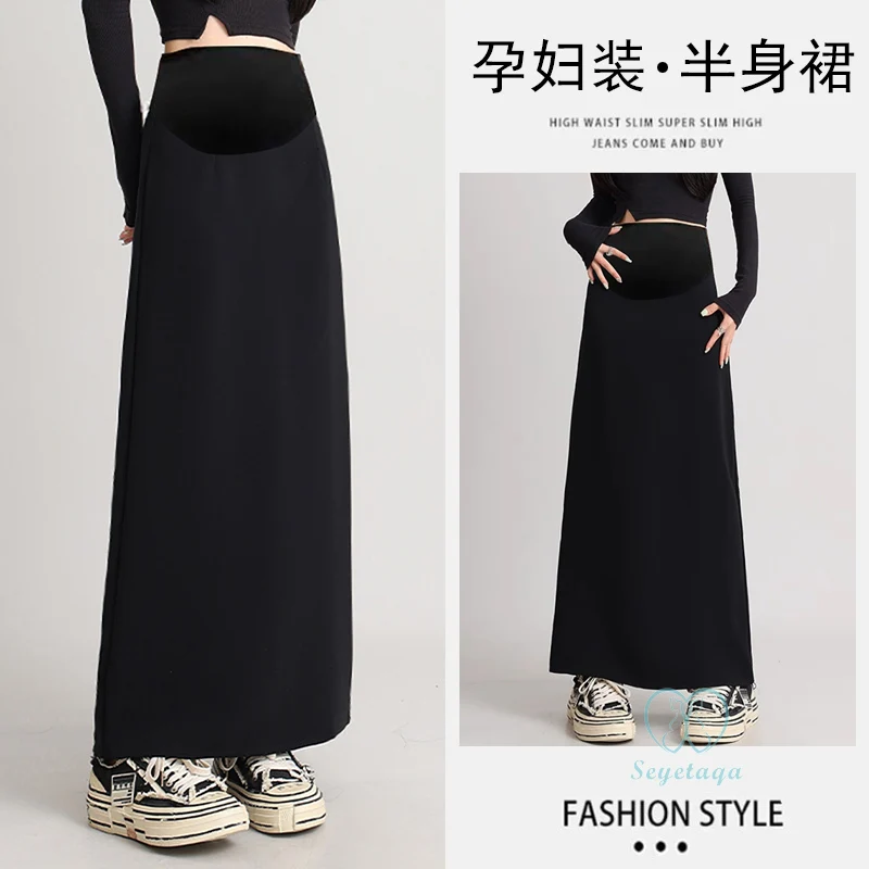 Back Splits Black Maternity Full Maxi Long Skirts Spring Casual Pencil Bottoms for Pregnant Women Elastic Waist Pregnancy