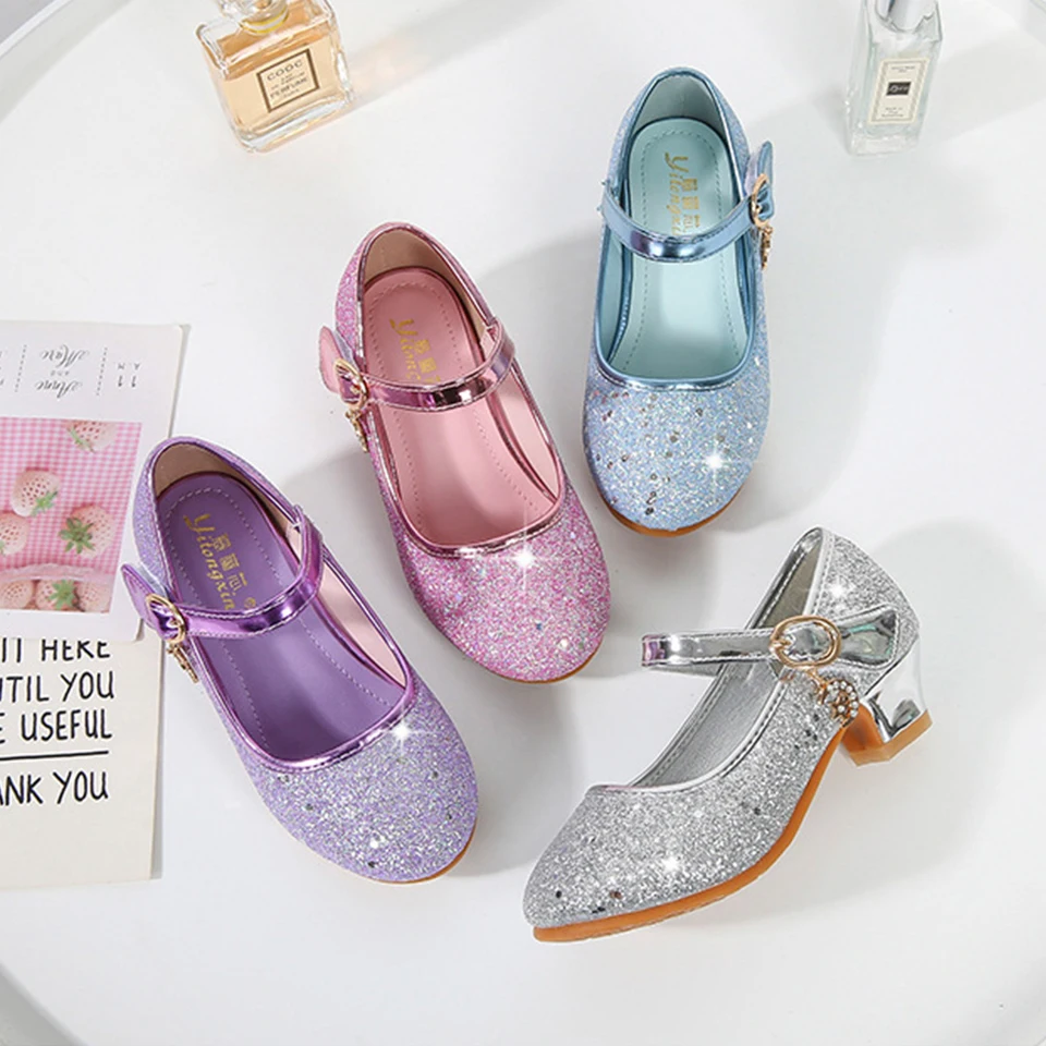 Children's Masquerade Birthday Party Shiny Princess Shoes Formal Girls Graduation Wedding Bridesmaid High Heel Leather Shoes 2