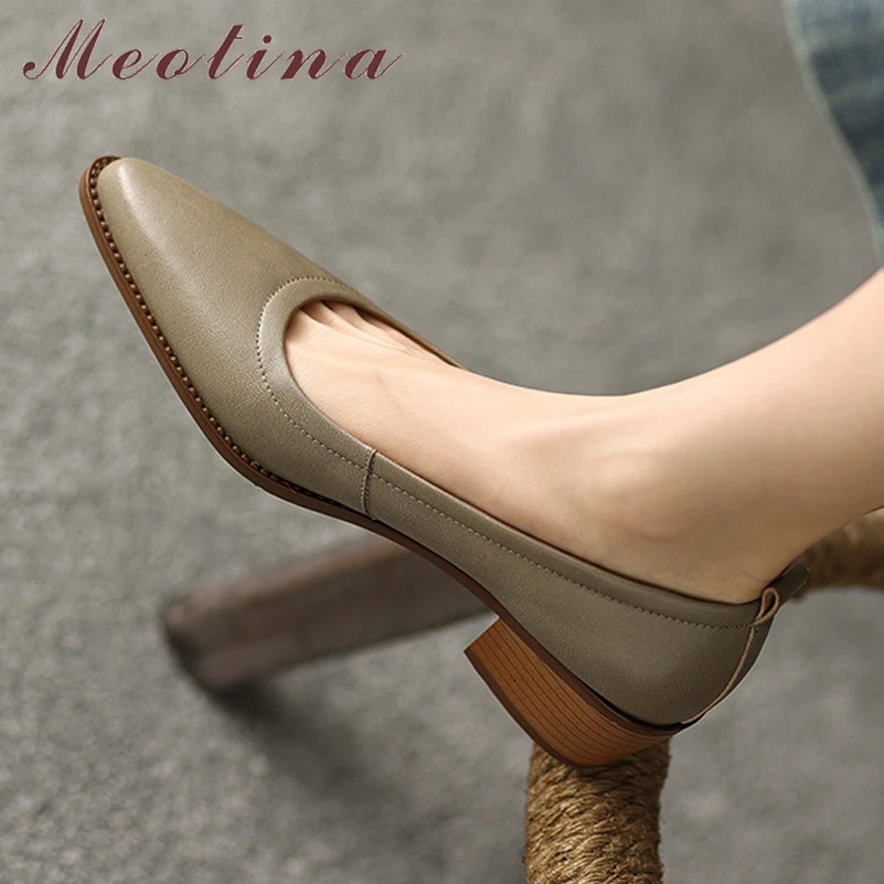 

Meotina Women Genuine Leather Round Toe Pumps Thick Mid Heel Sheepskin Shallow Ladies Fashion Shoes Spring Autumn Apricot 42