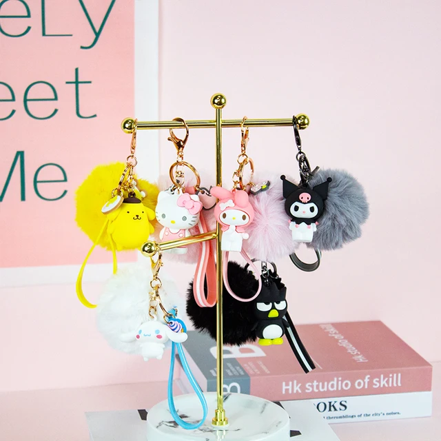 Hello Kitty Cute Sanrio Kuromi Penguin Frog Dog Cat Keychains with Fluffy Rabbit Fur Ball Women Girl Bag Pendant Keyring Gifts 4