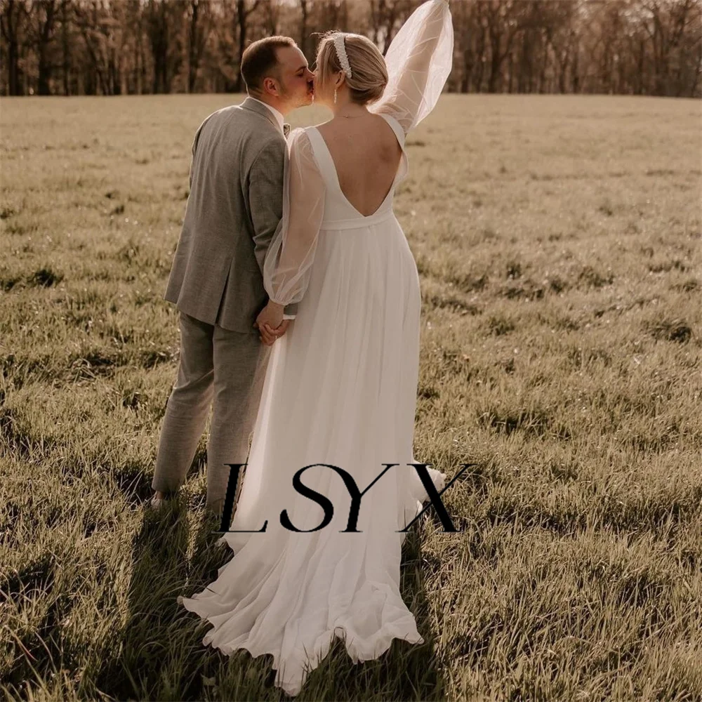 LSYX Deep V-Neck Long Puff Sleeves A-Line Chiffon Wedding Dress Open Back High Side Slit Court Train Bridal Gown Custom Made
