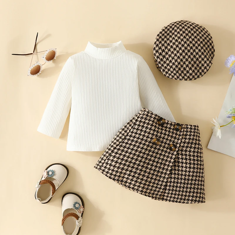 

Txlixc Baby Grils Autumn Clothes Set Toddler Long Sleeve Mock Neck Knit Tops Button Plaid Skirts Beret Hat Kids Outfits