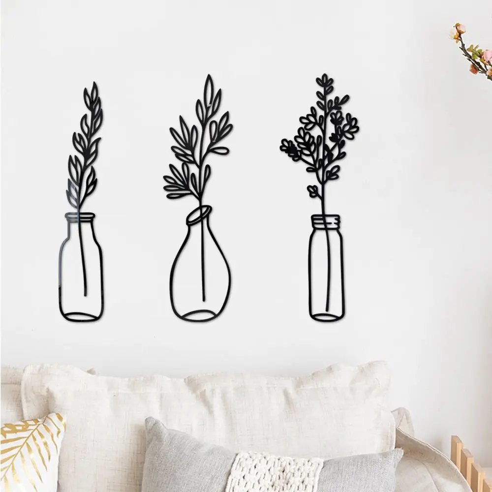 3PCS/Set Acrylic Living Room Ornament Self-adhesive Potting Plant Mirror Surface Decals Wall Stickers 3D Flower Vase