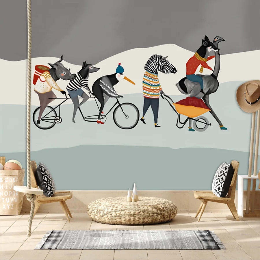 Peel and Stick Accept Custom Cartoon Animal Riding Bike Wallpapers for Living Room Kids Bed Nursy Wall Papers Home Decor Murals