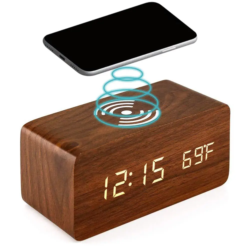 WoodenDigitalAlarmClockWithWirelessCharging3AlarmsLEDDisplay