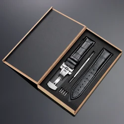 Vintage Leather Watch Band with Wooden Box and Butterfly Clasp - 22mm (Black - Silver)
