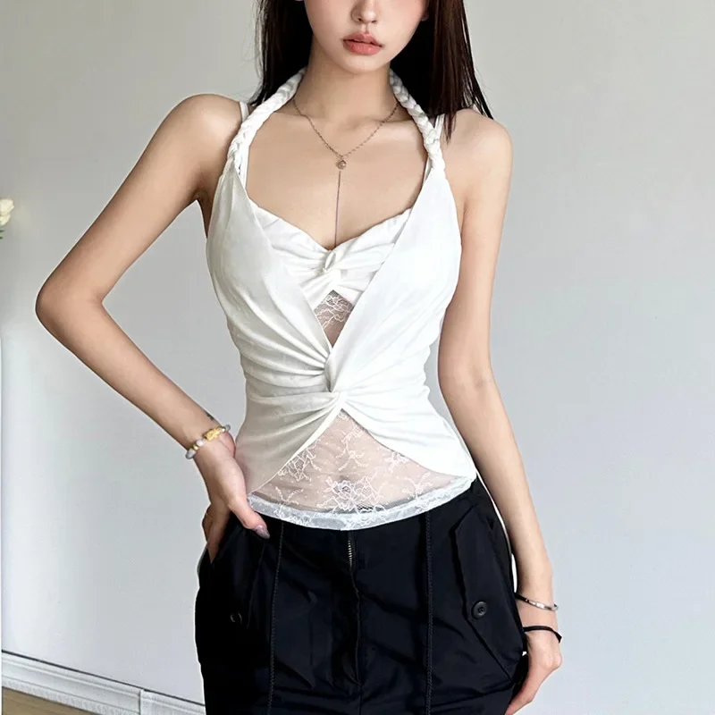 Mesh Spitze y2k Tops V-Ausschnitt Crop Tops Mode lässig Ropa de Mujer solide sexy schlanke kurze Streetwear ärmellose Frauen kleider – Detail 4