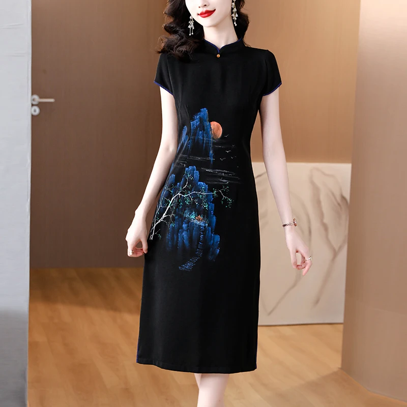 

Шелковое улучшенное платье чонсам, женское летнее платье в стиле ретро для матери, юбка из шелка тутового шелкопряда с принтом