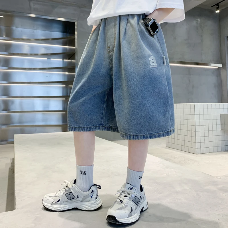 클래식 키즈 데님 반바지 남아용 루즈핏 그라데이션 여름 반바지 십대 아동 캐주얼 무릎 길이 청바지 5 7 9 11 13 14세
