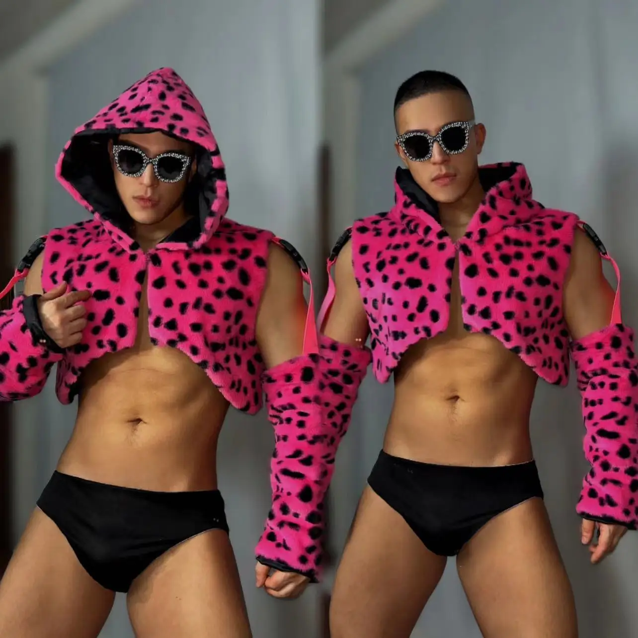 

Pink Leopard Gogo Dancer Costume Male Sexy Pole Dance Clothes Rave Outfit Nightclub Singer Dj Ds Performance Clothing VDB7566