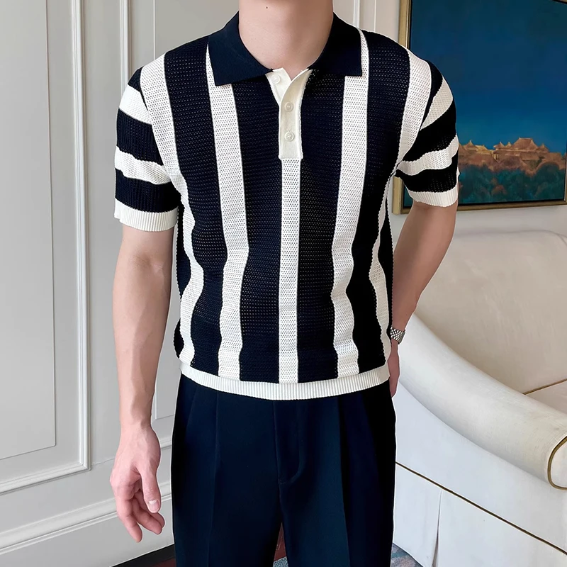 Contrast Color Striped Mens Polo Shirts Trendy Button Turn-down Collar Knit Tops Men Spring Summer Daily Casual Breathable Polos 21 S6e2b3dcbe7ee486387cf3a41779b1ef9j
