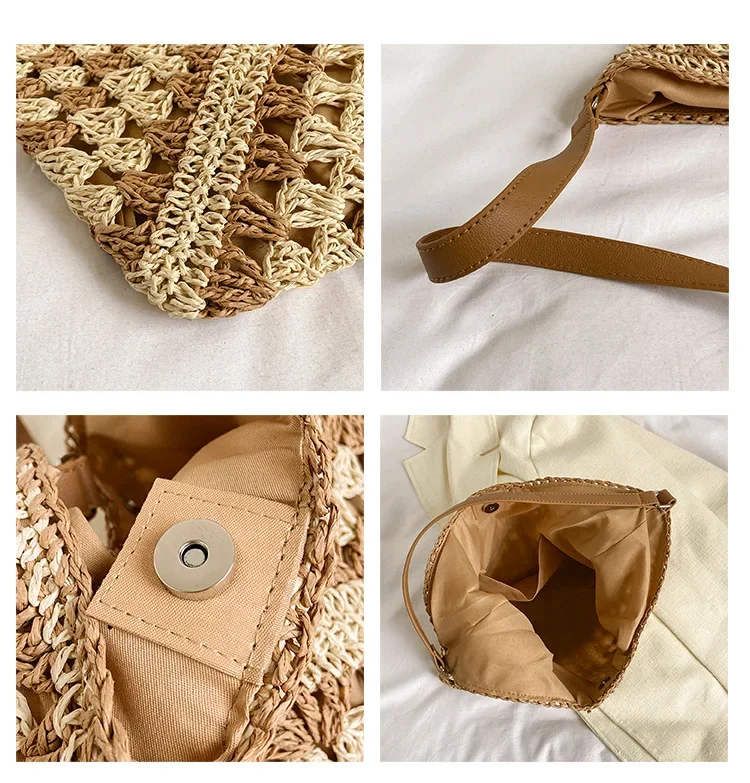 Popular Women's Woven Straw Shoulder Bag Medium Size Handbag with Handle for Beach Vacation Tote Large Capacity Beach Bags
