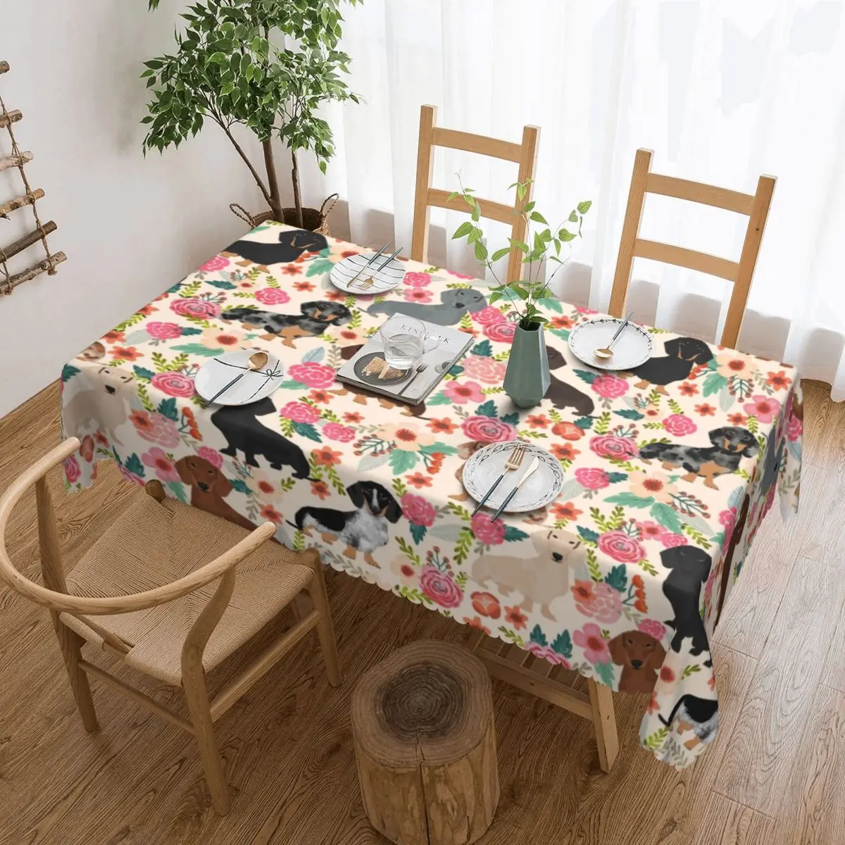 

Rectangular Waterproof Oil-Proof Dachshund Floral Dog Patterns Tablecloth Table Cover 45"-50" Fit Badger Sausage Table Cloth