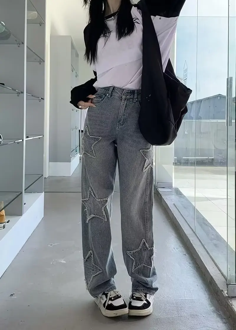 Y2k High Waist Jeans Blue Pentagram Streetwear Korean Style Hip Hop Straight Denim Boyfriend Jeans women's jeans free shipping