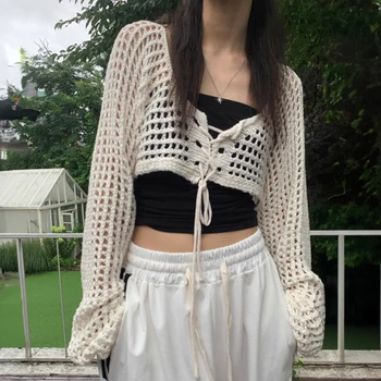 Crochet Crop Tie Front Cardigan Women Long Sleeve Sheer OpenKnit Bolero Shrug Top Summer Beach Bikini Cover Up Y2K Outfit 2