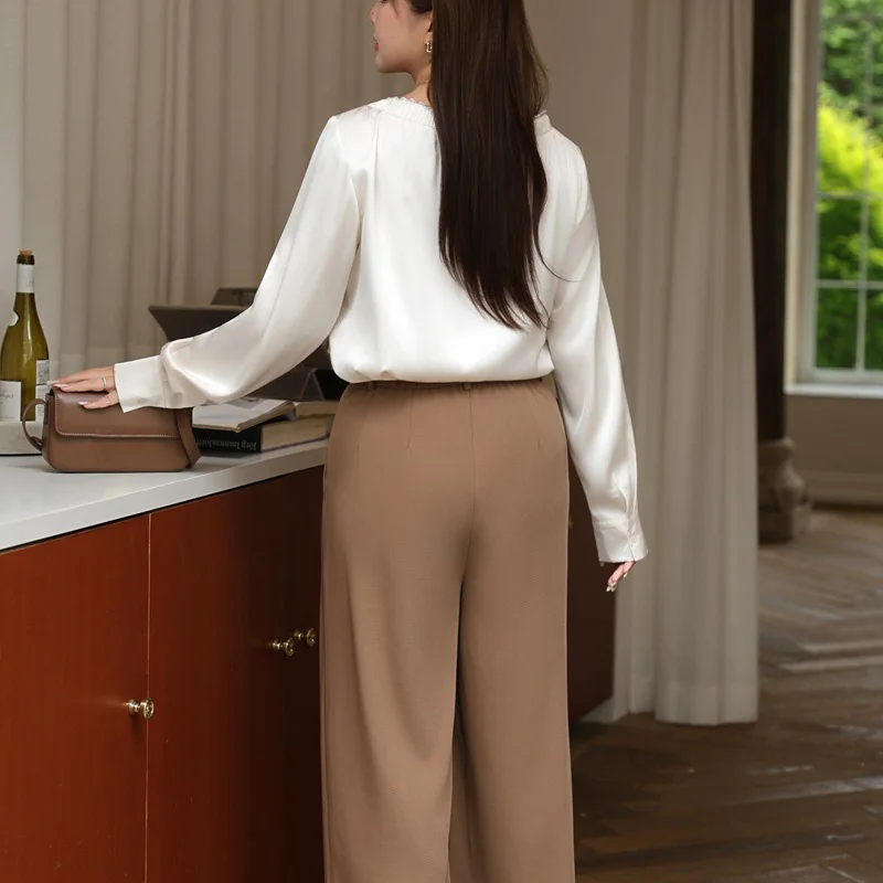 Plus Size Women Shirt Premium high-end Lace V-neck Bow Bandage Long Sleeve Satin Blouses Elegant Stylish Commuter Autumn 2025