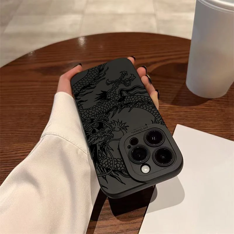 Elegant Matte Black Chinese Dragon Silicone Phone Case - Shockproof and Soft Cover