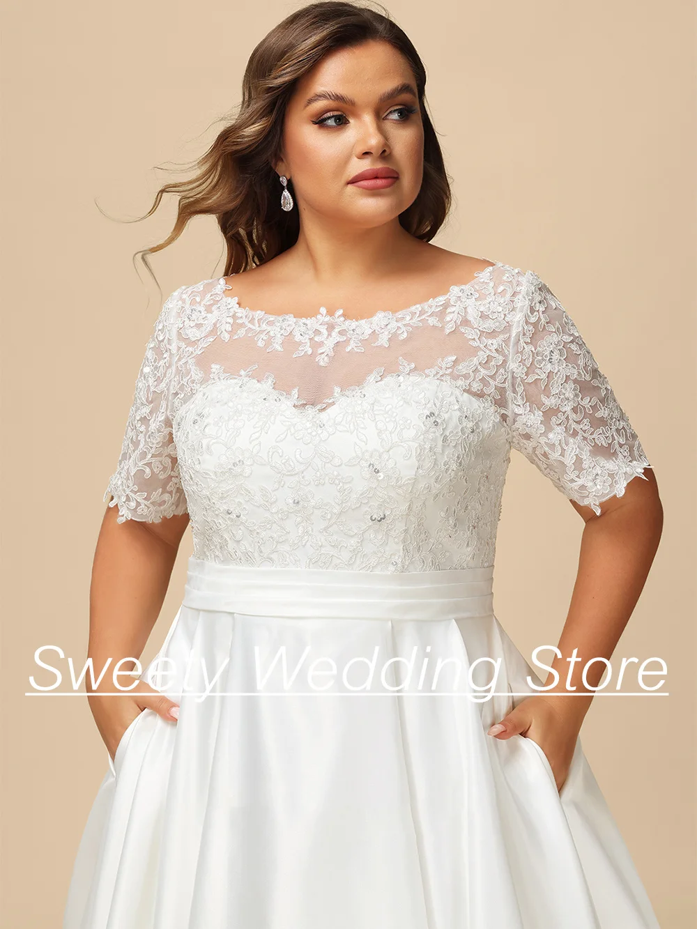 Classic Plus Size Wedding Dress for Bride Short Sleeves Scoop Neck Beading Applique Pocket A Line Satin Bridal Gown Robe Mariee